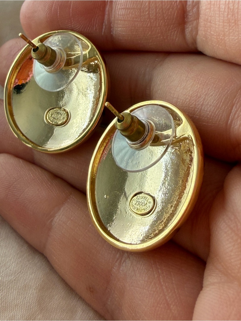 CHANEL Gold-Tone CC Pinkish Red Enamel Earrings - Picture 11 of 14